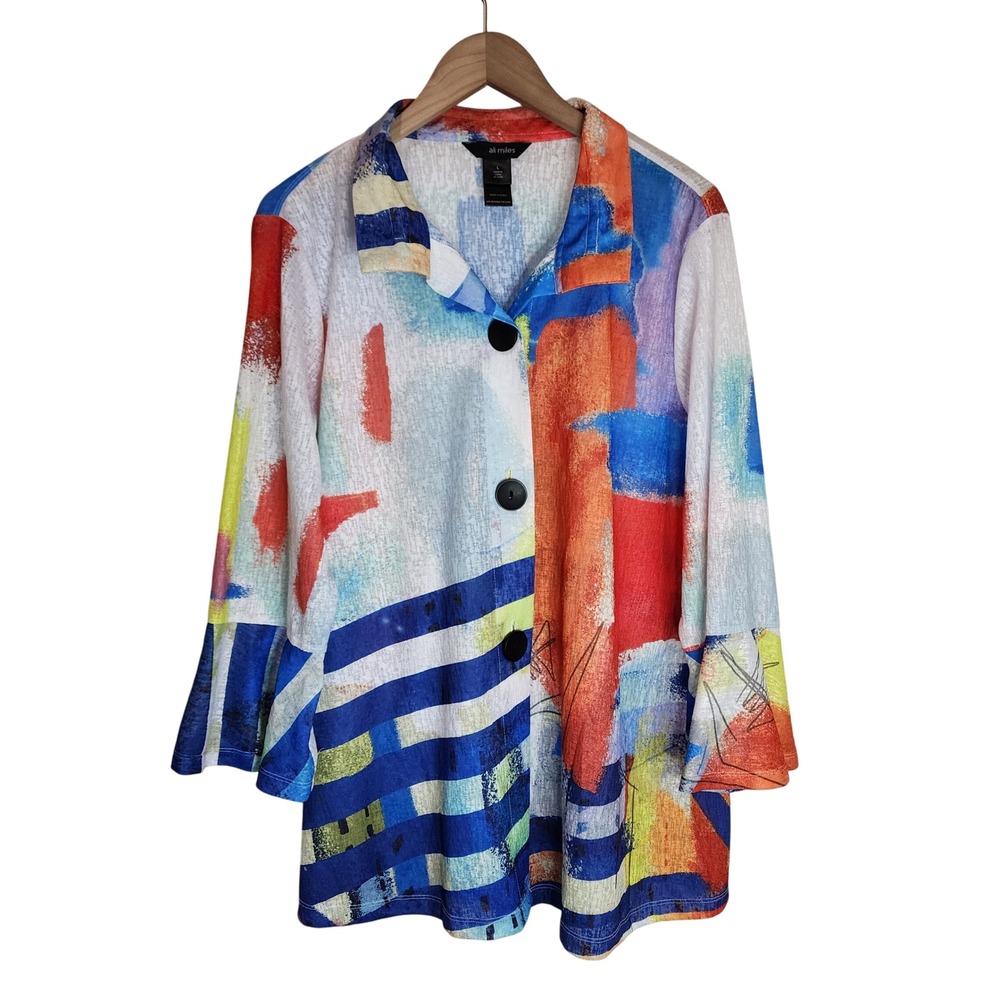 Ali Miles Tunic Top Women's Large 3/4 Sleeve Button Up Art to Wear Artsy Multi
